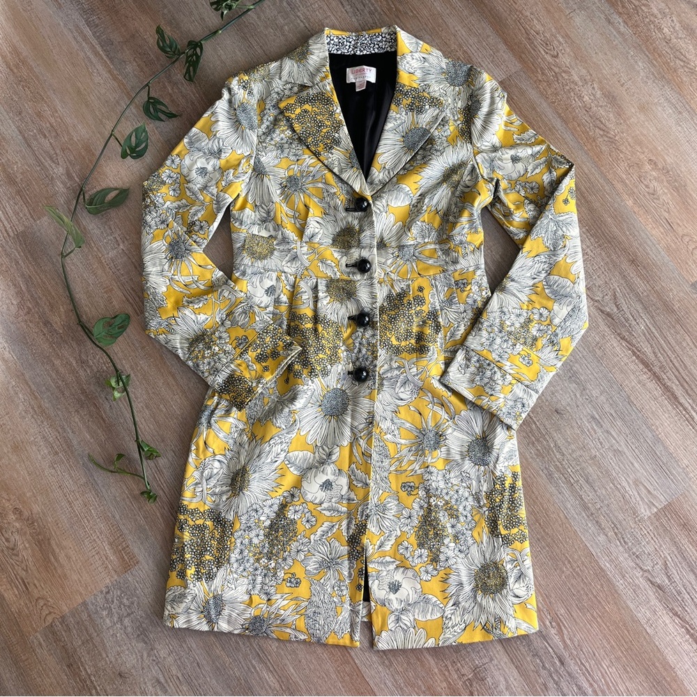 Liberty of London Trench Coat Floral Black Yellow  XS EUC